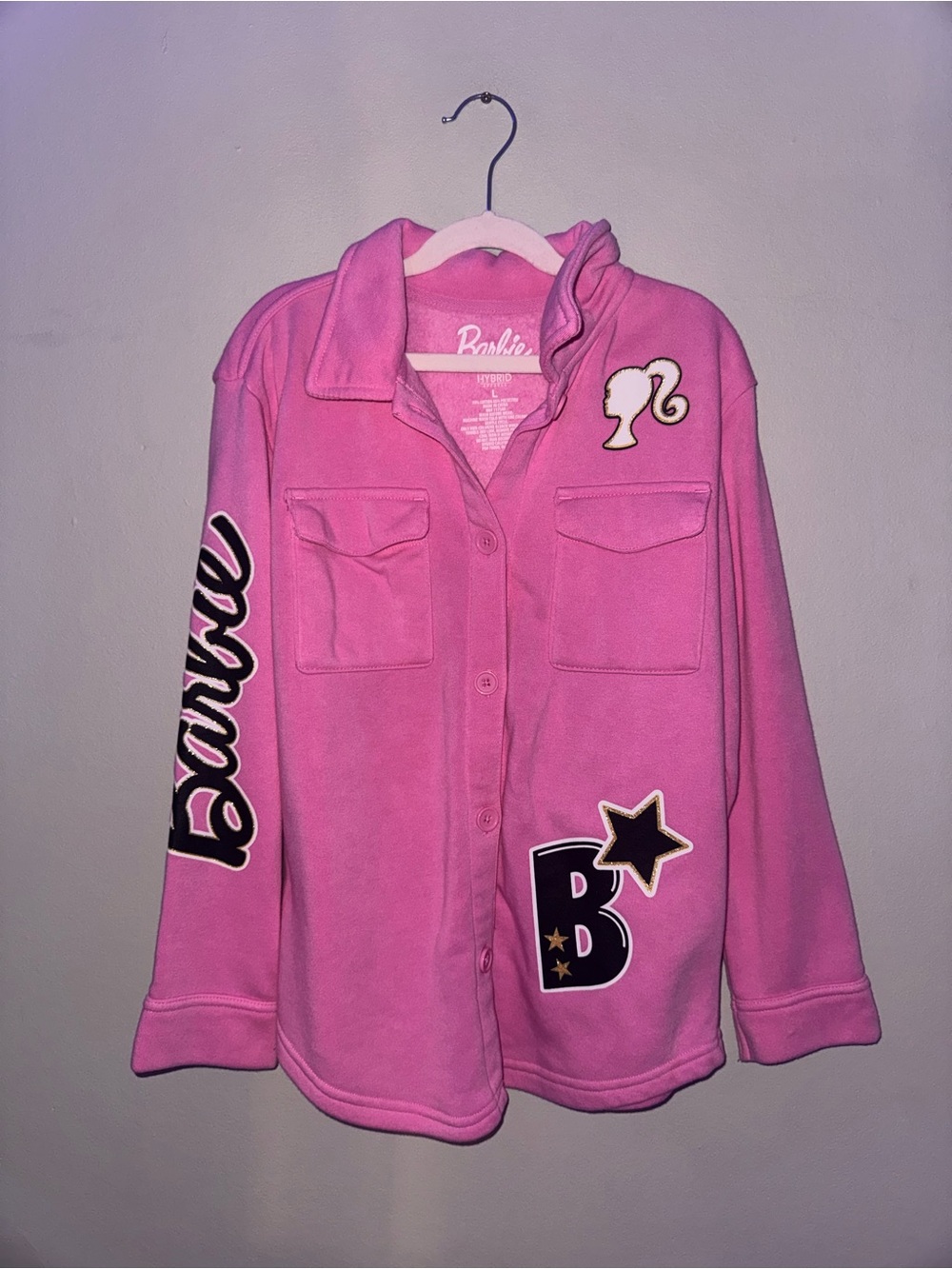 Barbie Pink Fleece Button-Front Pajama Top with Logo Patches